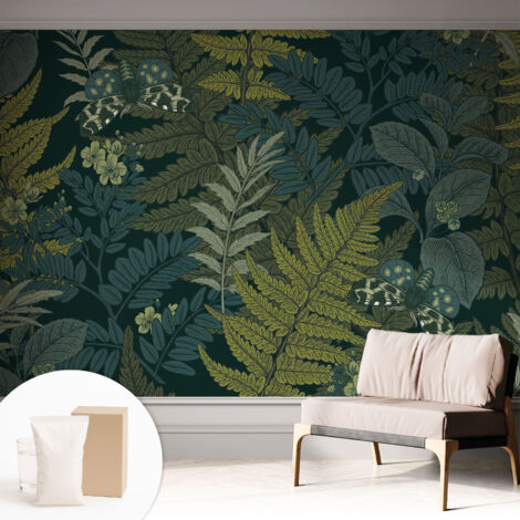 Papier peint intissé avec imprimé pour décoration intérieure pour rénovation a motif - Colle incluse gratuite Élégance verte 312x219 cm (1/5)