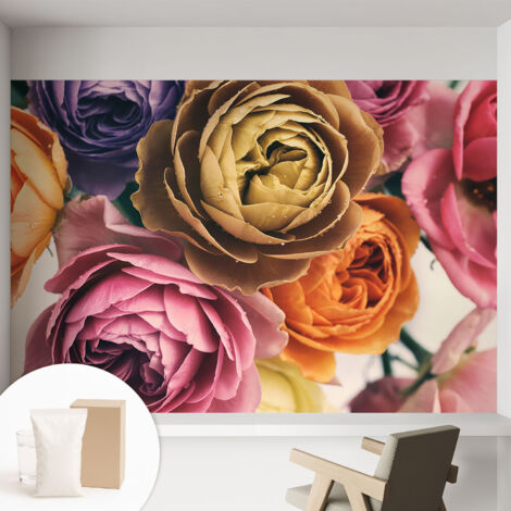 Papier peint décoratif avec colle pour salon, chambre à coucher et bureau – Design moderne et facile à poser Roses colorées 152x104 cm (1/5)