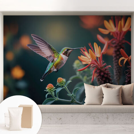 Papier peint intissé décoratif pour chambre et salon Design moderne à poser facilement - Colle incluse gratuite Fleurs de colibri 208x146 cm (1/5)