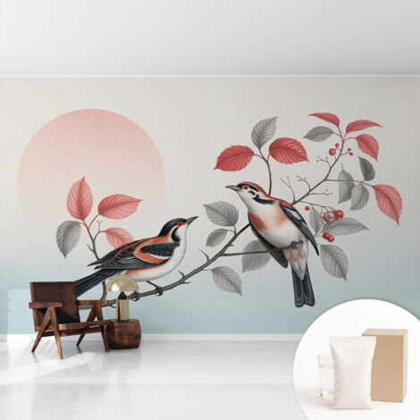Papier peint intissé mural avec colle pour salon et chambre Décoration murale rapide - Colle incluse gratuite Oiseaux perchés 416x254 cm (1/5)