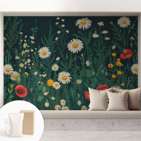 Papier peint intissé avec imprimé pour décoration intérieure pour rénovation a motif - Colle incluse gratuite Fleurs des champs 208x146 cm (1/5)