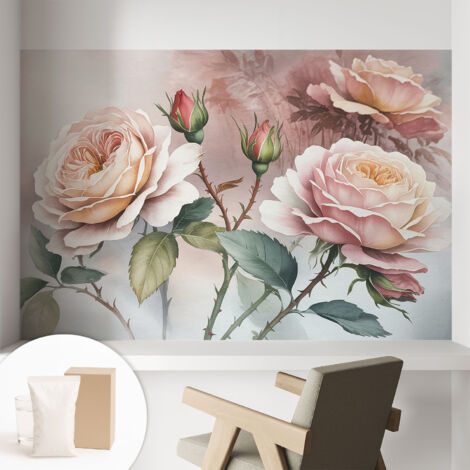 Papier peint intissé mural classique avec imprimé motifs décoratifs design élégant non‑tissé Roses pastel 104x70 cm (1/5)