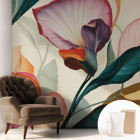 Papier peint intissé pour salon chambre à coucher peint imprimé Installation facile - Colle incluse gratuite Fleurs colorées 250x250 cm (1/5)