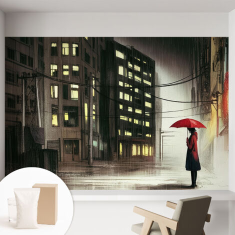 Papier peint intissé pour salon chambre à coucher peint imprimé pour mur - Colle incluse gratuite Ville pluvieuse 152x104 cm (1/5)