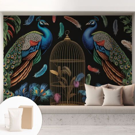 Papier peint intissé décoratif pour salon chambre et cuisine Facile à poser avec colle Paons exotiques 208x146 cm (1/5)