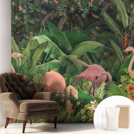 Papier peint intissé pour salon chambre à coucher peint imprimé pour mur - Colle incluse gratuite Flamants roses 250x250 cm (1/5)