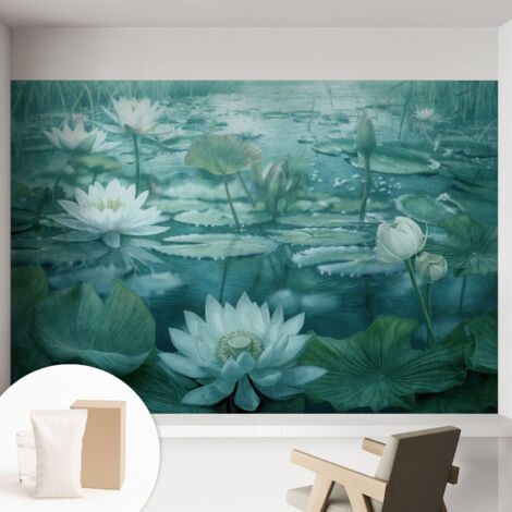 Papier peint intissé mural avec colle pour salon et chambre Décoration murale rapide - Colle incluse gratuite Fleurs aquatiques 152x104 cm (1/5)
