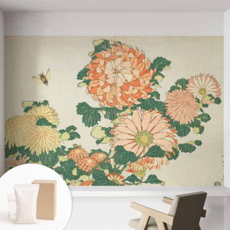 Papier peint intissé mural avec imprimé motifs uniques apparence moderne - Colle incluse gratuite Fleurs de chrysanthèmes 152x104 cm (1/5)