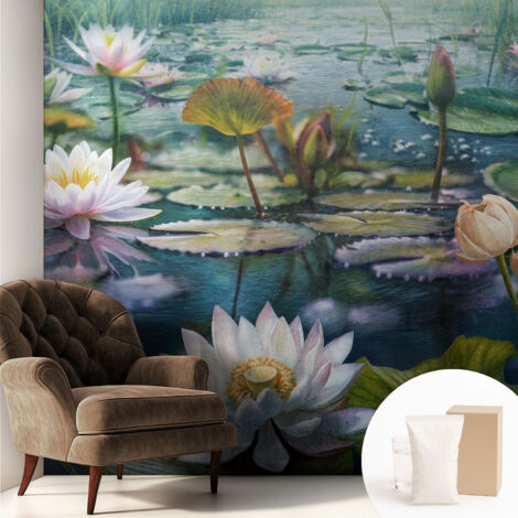 Papier peint intissé décoratif pour salon chambre et cuisine Facile à poser avec colle Fleurs de l'étang 250x250 cm (1/5)