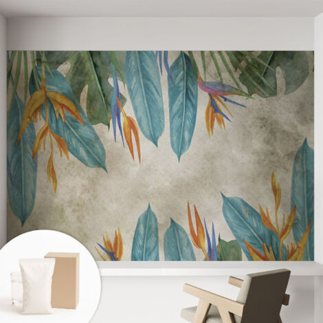 Papier peint intissé mural avec imprimé motifs décoratifs - style contemporain - Colle incluse gratuite Fleurs tropicales 152x104 cm (1/5)
