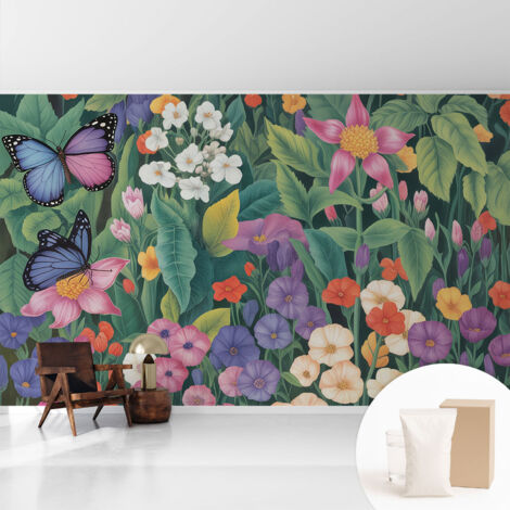 Papier peint intissé avec imprimé pour décoration intérieure pour rénovation a motif - Colle incluse gratuite Explosion florale 416x254 cm (1/5)
