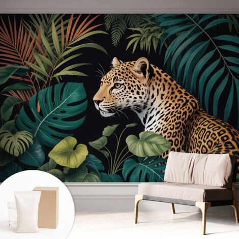 Papier peint intissé pour salon chambre à coucher peint imprimé Installation facile - Colle incluse gratuite Léopard exotique 312x219 cm (1/5)
