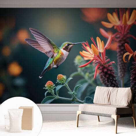 Papier peint intissé décoratif pour chambre et salon Design moderne à poser facilement - Colle incluse gratuite Fleurs de colibri 312x219 cm (1/5)