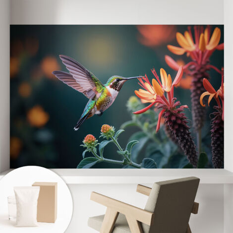 Papier peint intissé avec imprimé pour décoration intérieure pour rénovation a motif - Colle incluse gratuite Fleurs de colibri 104x70 cm (1/5)