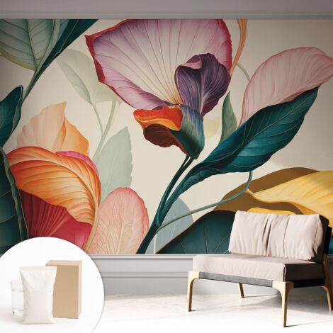 Papier peint intissé pour salon chambre à coucher peint imprimé Installation facile - Colle incluse gratuite Fleurs colorées 312x219 cm (1/5)