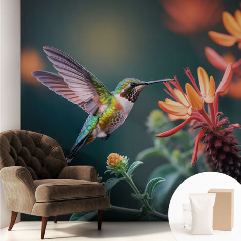 Papier peint intissé décoratif pour chambre et salon Design moderne à poser facilement - Colle incluse gratuite Fleurs de colibri 250x250 cm (1/5)