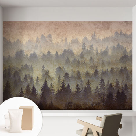 Papier peint intissé mural classique avec imprimé motifs décoratifs design élégant non‑tissé Brume forestière 152x104 cm (1/5)