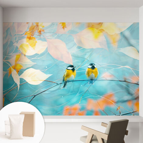 Papier peint intissé à motifs décoratifs pour salon chambre et bureau Décoration murale élégante avec colle Oiseaux printaniers 152x104 cm (1/5)