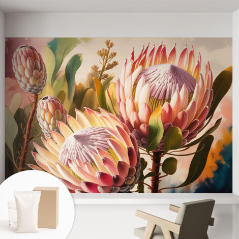 Papier peint intissé décoratif pour salon chambre et cuisine Facile à poser avec colle Fleurs de protéa 152x104 cm (1/5)