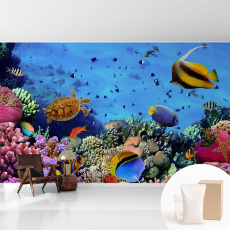 Papier peint intissé avec imprimé pour décoration intérieure pour rénovation a motif - Colle incluse gratuite Récif de corail 416x254 cm (1/5)