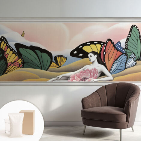 Papier peint intissé décoratif pour salon chambre et cuisine Facile à poser avec colle Prairie aux papillons 250x104 cm (1/5)