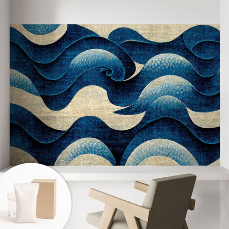 Papier peint intissé mural pour salon chambre à coucher tendance et originale - Colle incluse gratuite Vagues bleues 104x70 cm (1/5)