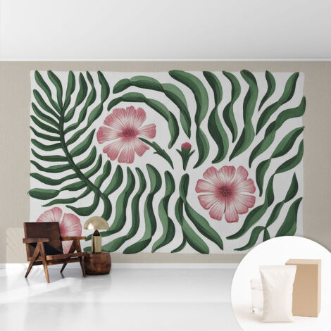 Papier peint intissé pour salon chambre à coucher peint imprimé pour mur - Colle incluse gratuite Fleurs et feuilles 416x254 cm (1/5)