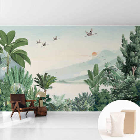 Papier peint intissé pour salon chambre à coucher peint imprimé Installation facile - Colle incluse gratuite Oasis tropicale 416x254 cm (1/5)
