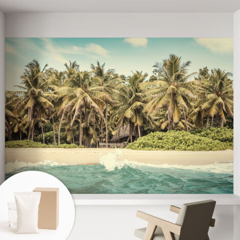 Papier peint intissé mural avec imprimé motifs décoratifs - style contemporain - Colle incluse gratuite Plage tropicale 152x104 cm (1/5)