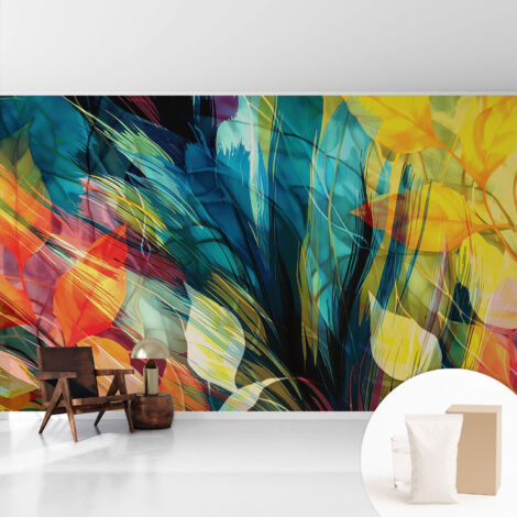 Papier peint intissé mural avec colle pour salon et chambre Décoration murale rapide - Colle incluse gratuite Feuilles abstraites 416x254 cm (1/5)