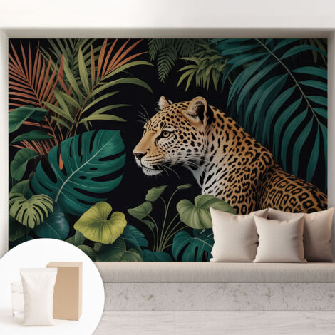 Papier peint intissé pour salon chambre à coucher peint imprimé Installation facile - Colle incluse gratuite Léopard exotique 208x146 cm (1/5)