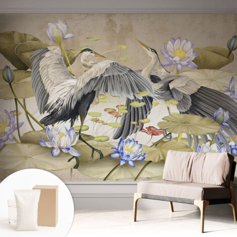 Papier peint intissé avec imprimé pour décoration intérieure pour rénovation a motif - Colle incluse gratuite Oiseaux et lys 312x219 cm (1/5)