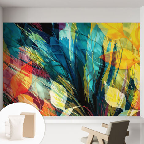 Papier peint intissé mural avec colle pour salon et chambre Décoration murale rapide - Colle incluse gratuite Feuilles abstraites 152x104 cm (1/5)