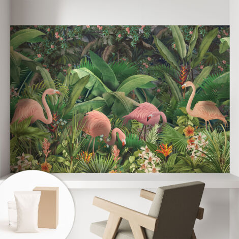 Papier peint intissé mural avec imprimé motifs décoratifs - style contemporain - Colle incluse gratuite Flamants roses 104x70 cm (1/5)
