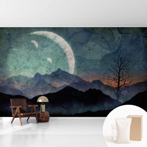 Papier peint intissé avec imprimé pour décoration intérieure pour rénovation a motif - Colle incluse gratuite Paysage nocturne 416x254 cm (1/5)