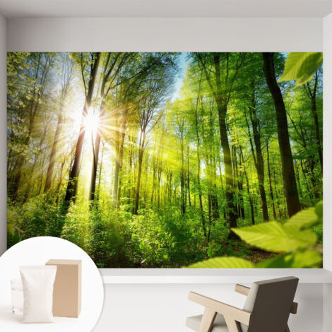 Papier peint intissé avec imprimé pour intérieur moderne application facile a motif - Colle incluse gratuite Lumière de la forêt 152x104 cm (1/5)