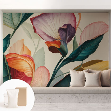 Papier peint intissé pour salon chambre à coucher peint imprimé Installation facile - Colle incluse gratuite Fleurs colorées 208x146 cm (1/5)