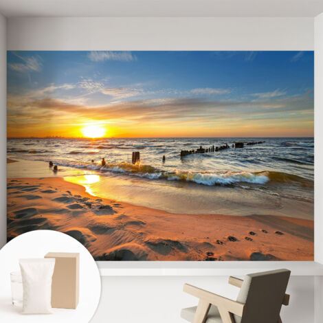 Papier peint intissé décoratif avec motifs pour salon et chambre a motif - Colle incluse gratuite Coucher de soleil sur la plage 152x104 cm (1/5)
