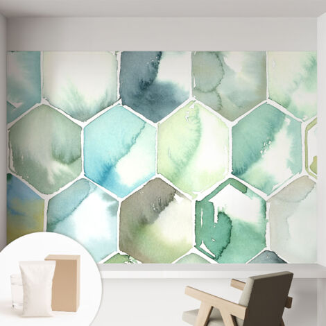 Papier peint intissé pour salon chambre à coucher peint imprimé Installation facile - Colle incluse gratuite Hexagones pastel 152x104 cm (1/5)