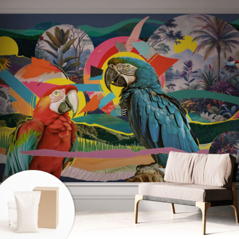 Papier peint intissé avec imprimé pour décoration intérieure pour rénovation a motif - Colle incluse gratuite Oiseaux exotiques 312x219 cm (1/5)