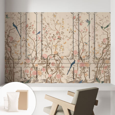 Papier peint intissé classique moderne pour salon et chambre à coucher Décoration rapide avec colle Oiseaux et fleurs 104x70 cm (1/5)