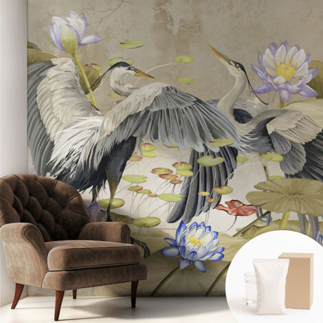 Papier peint intissé avec imprimé pour décoration intérieure pour rénovation a motif - Colle incluse gratuite Oiseaux et lys 250x250 cm (1/5)