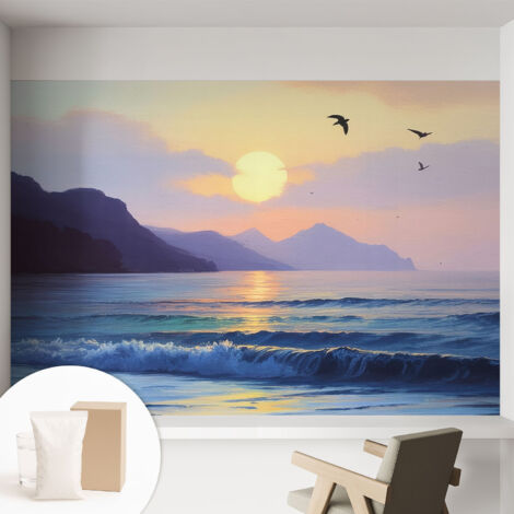 Papier peint intissé classique moderne pour salon et chambre à coucher Décoration rapide avec colle Coucher de soleil sur la mer 152x104 cm (1/5)