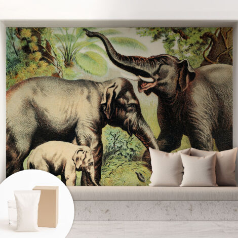 Papier peint intissé pour salon chambre à coucher peint imprimé Installation facile - Colle incluse gratuite Famille d'éléphants 208x146 cm (1/5)