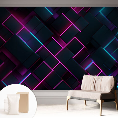 Papier peint intissé avec imprimé pour décoration intérieure pour rénovation a motif - Colle incluse gratuite Géométrie néon 312x219 cm (1/5)