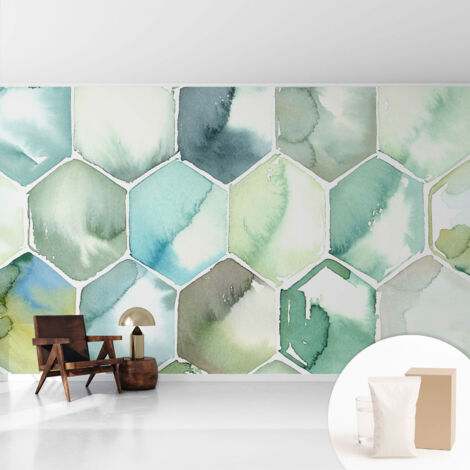 Papier peint intissé pour salon chambre à coucher peint imprimé Installation facile - Colle incluse gratuite Hexagones pastel 416x254 cm (1/5)