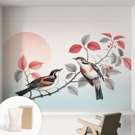 Papier peint intissé mural avec colle pour salon et chambre Décoration murale rapide - Colle incluse gratuite Oiseaux perchés 152x104 cm (1/5)