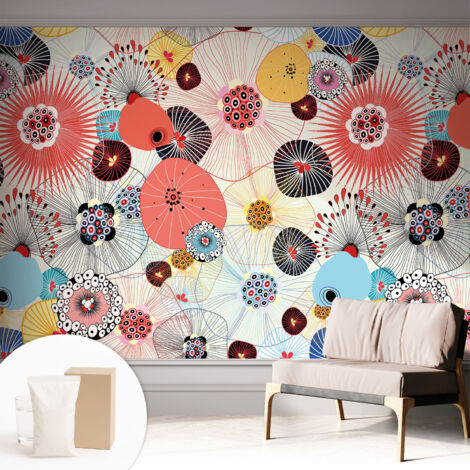 Papier peint intissé avec imprimé pour décoration intérieure pour rénovation a motif - Colle incluse gratuite Fleurs colorées 312x219 cm (1/5)