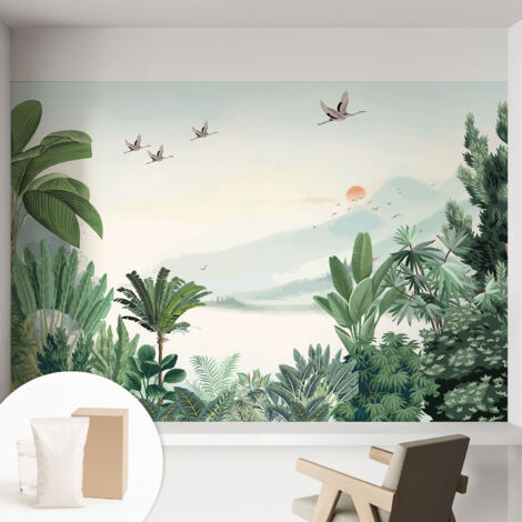 Papier peint intissé pour salon chambre à coucher peint imprimé Installation facile - Colle incluse gratuite Oasis tropicale 152x104 cm (1/5)