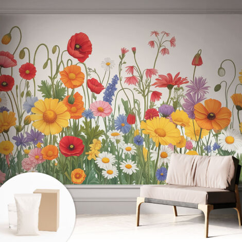 Papier peint décoratif avec colle pour salon, chambre à coucher et bureau – Design moderne et facile à poser Prairie fleurie 312x219 cm (1/5)